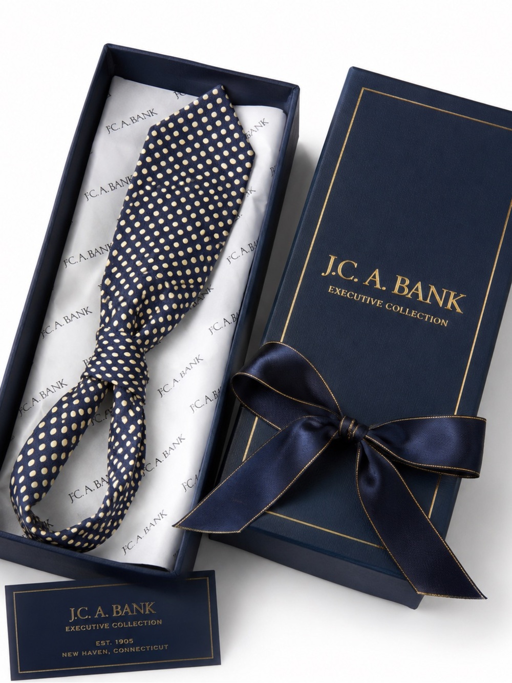 J.C. A Bank Executive Collection Silk Tie – Navy & Gold Polka Dot